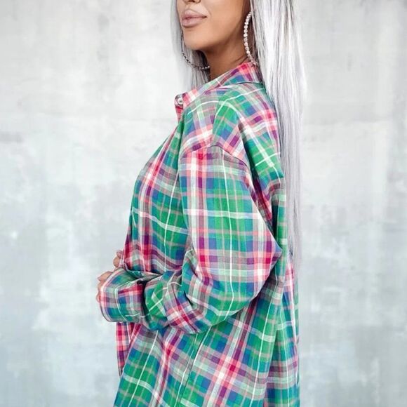 Plaid Long Sleeve Button Down Blouse Split Shirt Size Large Orange / Blue - Picture 2 of 5